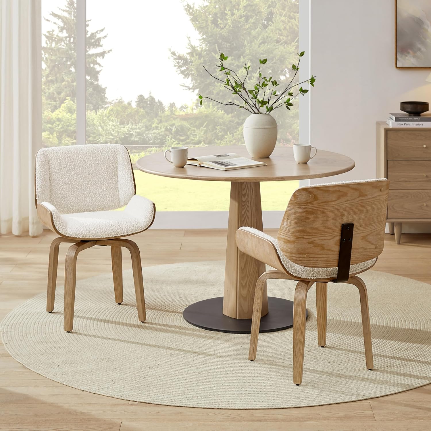 Zouron Swivel Dining Chair, Fabric Upholstered Dining Room Chair with Wood Legs, Mid Century Modern Accent Side Chair for Small Space Living Room Bedroom, Set of 2, Boucle Off White