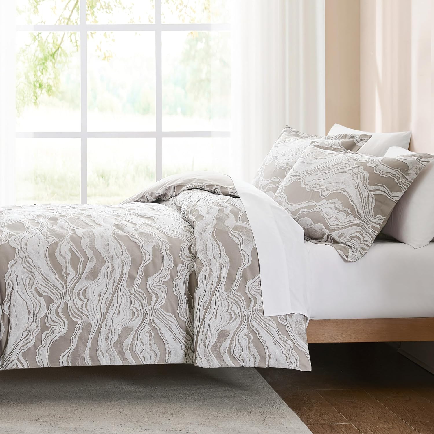 Lush Decor x Chuks Collins Cascade Wave Duvet Cover 3 Piece Set Queen Gray & White - Cotton Duvet Cover Queen - Luxury Bedding Set - Gray Duvet