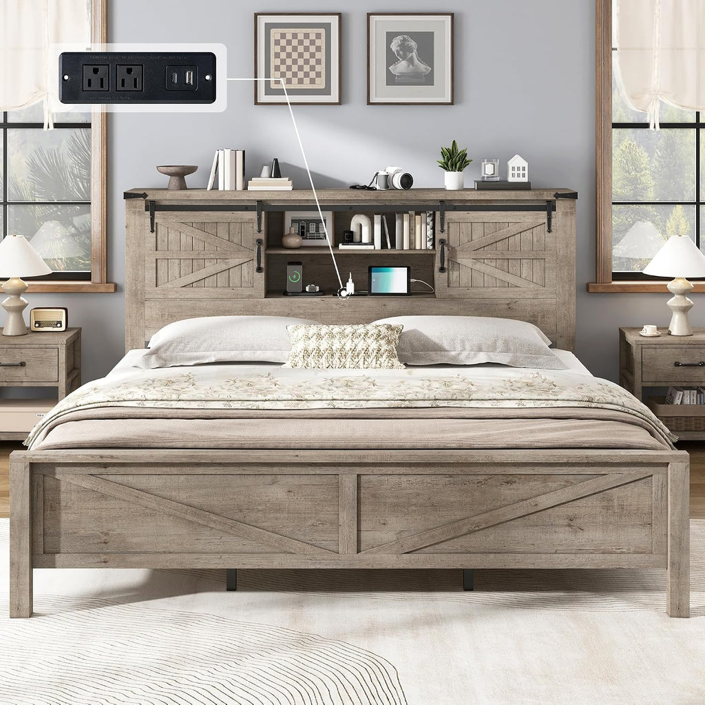 AMERLIFE Farmhouse King Bed Frame, Rustic Wood Platform Bed w/Barn Door Storage Bookcase Headboard & Charging Station, Bedroom Furniture, No Box Spring Needed, Light Grey