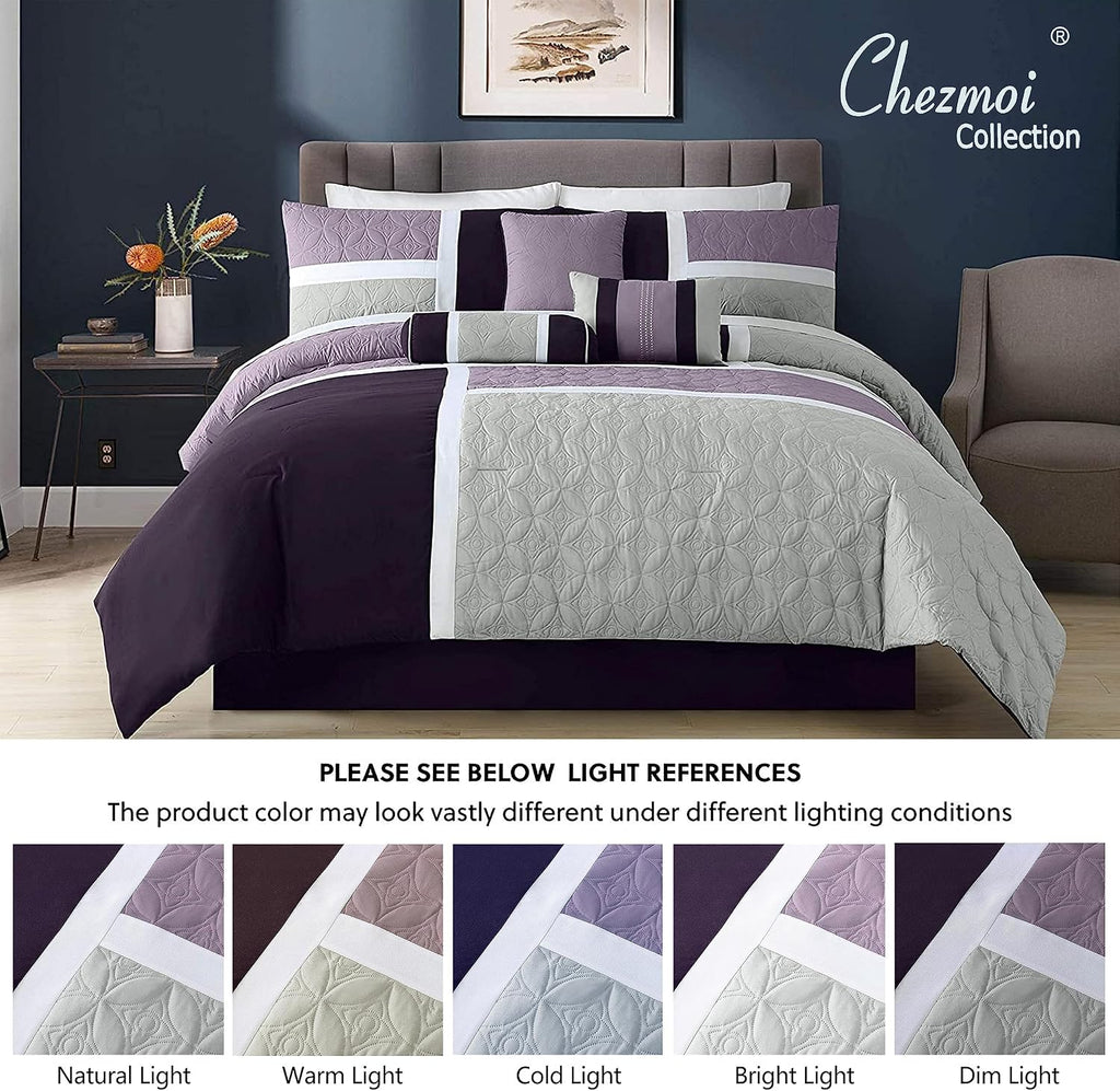Chezmoi Collection Upland 7-Piece Quilted Patchwork Comforter Set, Lavender/Gray/Purple, Oversized King