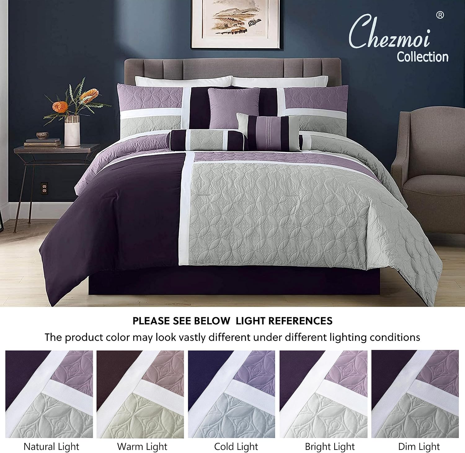 Chezmoi Collection Upland 7-Piece Quilted Patchwork Comforter Set, Lavender/Gray/Purple, Oversized King