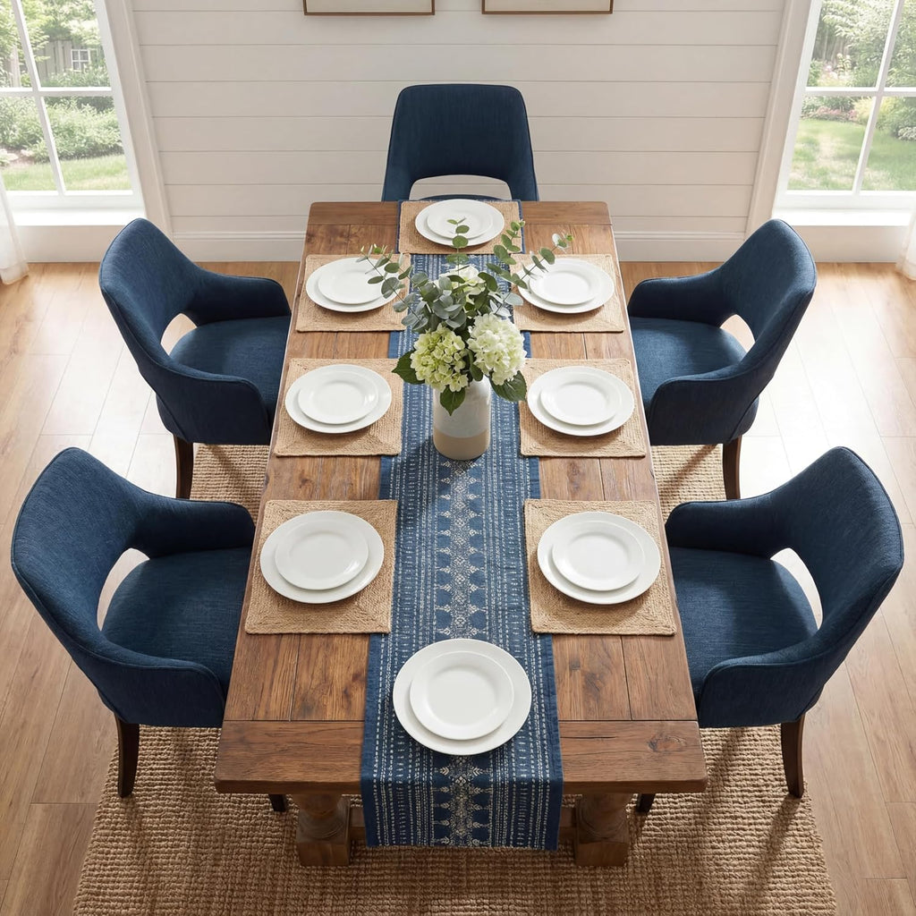 Farmhouse Upholstered Dining Chairs Set of 2, Linen Fabric Dining Room Chairs with Arms, Solid Wood Kitchen Side Chairs for Dining Living Room Bedroom, Upgraded Size, Blue
