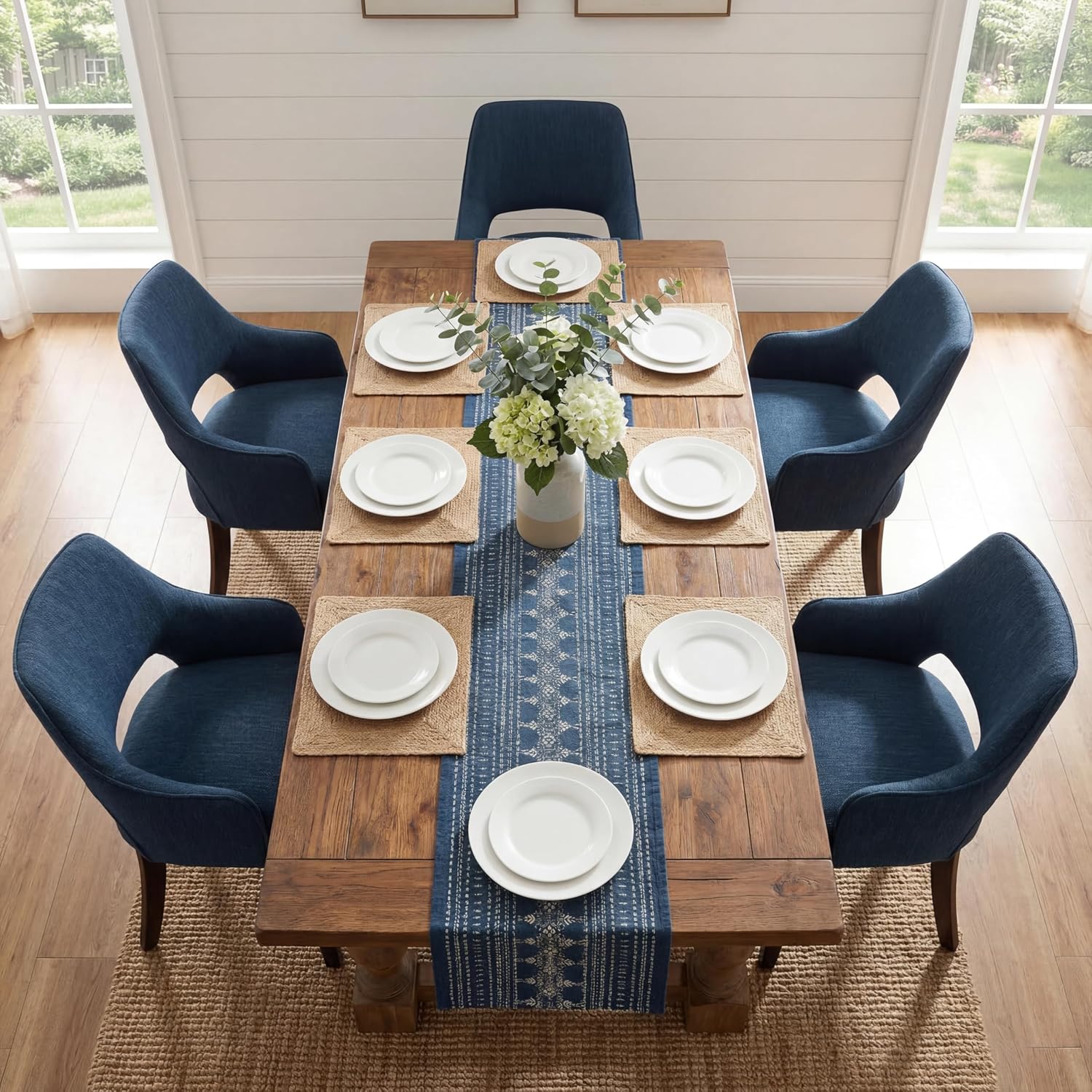 Farmhouse Upholstered Dining Chairs Set of 2, Linen Fabric Dining Room Chairs with Arms, Solid Wood Kitchen Side Chairs for Dining Living Room Bedroom, Upgraded Size, Blue
