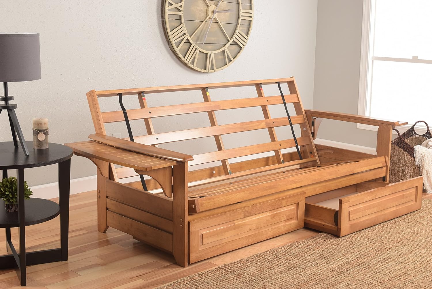 Kodiak Furniture Phoenix Full Size Futon in Butternut Finish with Storage Drawers, Linen Stone