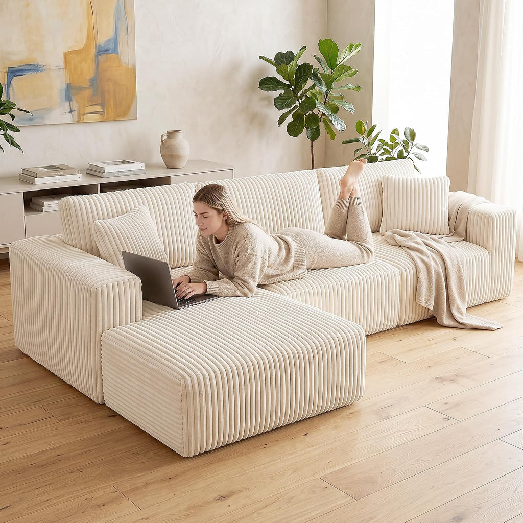 GRUSIGN 107'' Cloud Sectional Boneless Couches for Living Room, Modular L Shaped Couch with Deep Seat Oversized Left Facing Chaise, Memory Foam Compressed Spineless 3 Seater Sofa, Wide-Striped Beige
