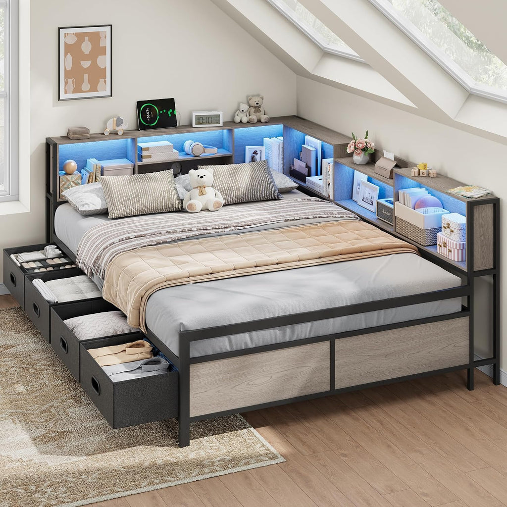 Full Size Corner Bed Frame with LED Lights, Charging Station & 8-Bookcase Headboard, Metal Platform Corner Bed with 4 Storage Drawers, Full Daybed for Kids Teens Guests, Gray