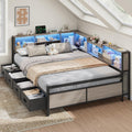 Full Size Corner Bed Frame with LED Lights, Charging Station & 8-Bookcase Headboard, Metal Platform Corner Bed with 4 Storage Drawers, Full Daybed for Kids Teens Guests, Gray