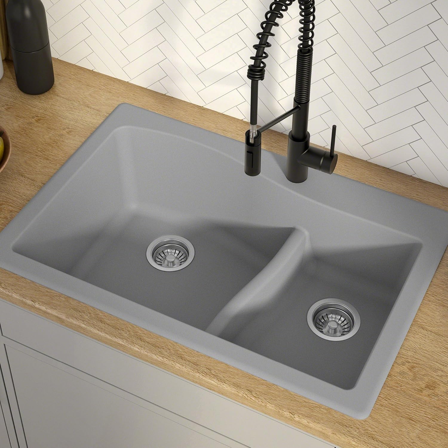 KRAUS KGD-442 Quarza 33-inch 33' Dual Mount 60/40 Double Bowl Granite Kitchen Sink in Grey
