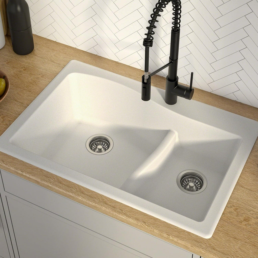 KRAUS KGD-442 Quarza 33-inch 33' Dual Mount 60/40 Double Bowl Granite Kitchen Sink in White