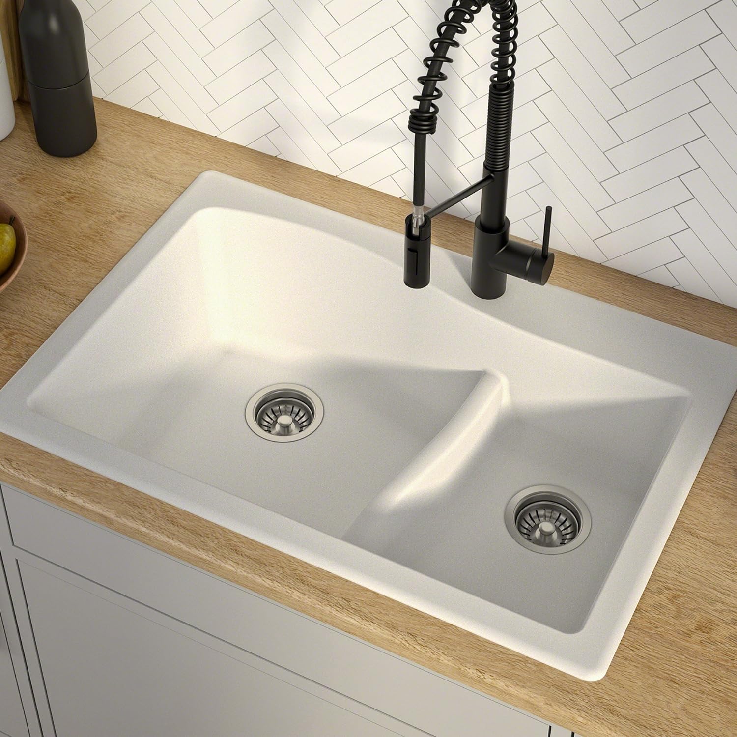 KRAUS KGD-442 Quarza 33-inch 33' Dual Mount 60/40 Double Bowl Granite Kitchen Sink in White