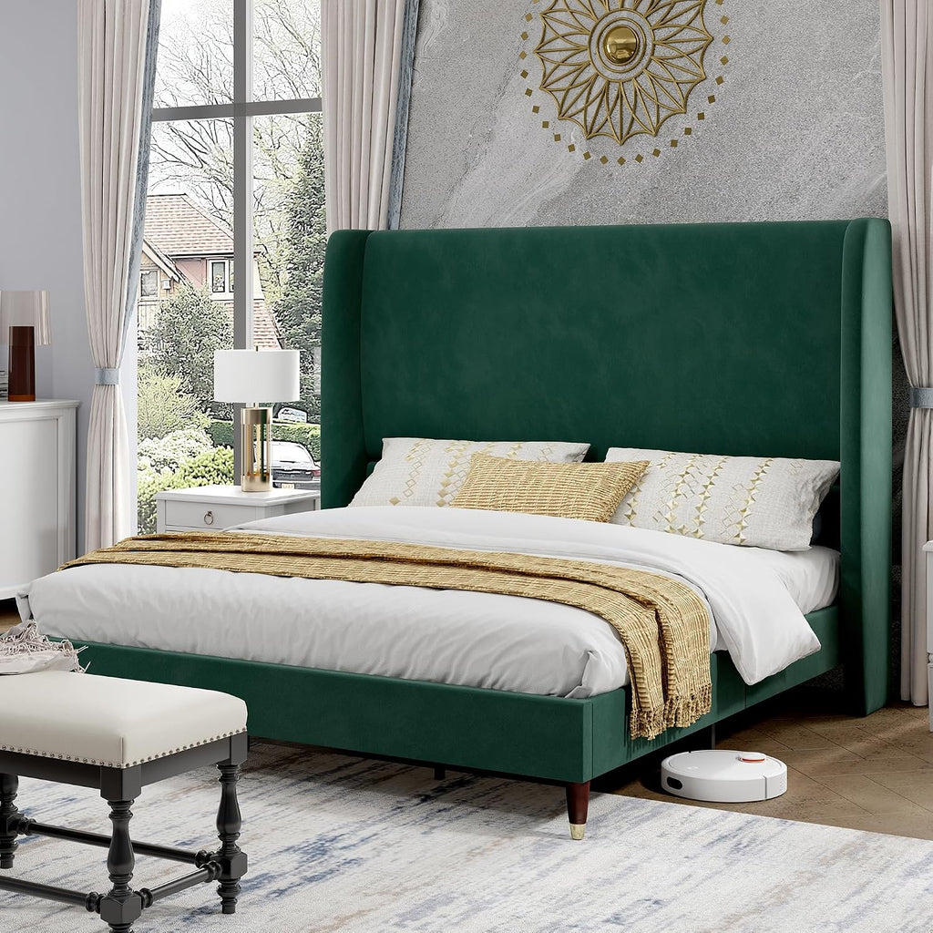 PaPaJet King Bed Frame with 51.2' Tall Wingback Headboard,Velvet Upholstered Platform Bed,Solid Wood Legs,No Box Spring Needed,Noise-Free&Easy Assembly,for Master Bedroom & Luxury Home,Green