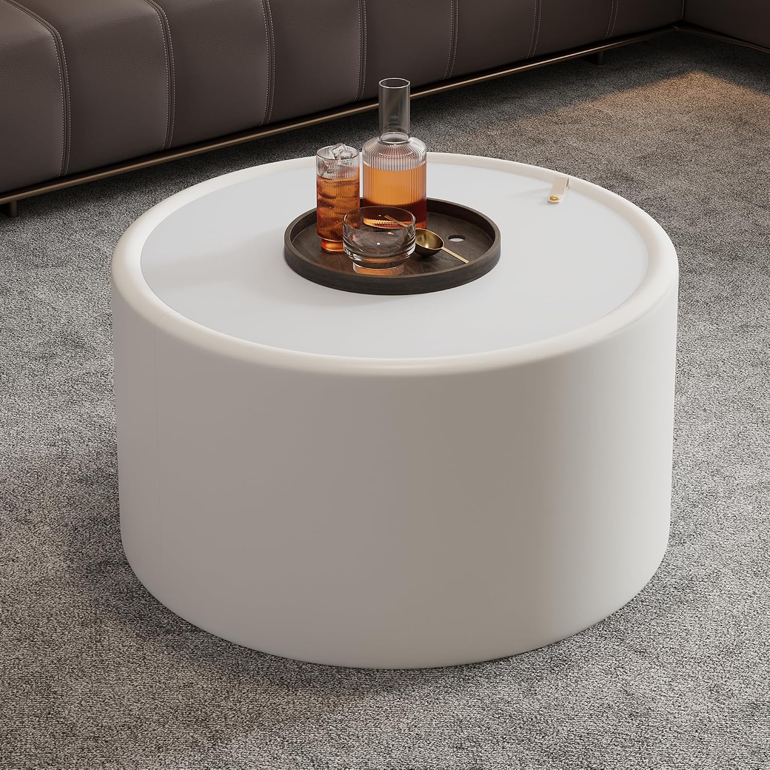 Round Living Room Table Set with Hidden Storage, 27.56' White Drum Center Table and 19.69' Black Coffee Table Set, 2 Pieces Coffee Table Set with Tempered Glass Top and PU Leather Body