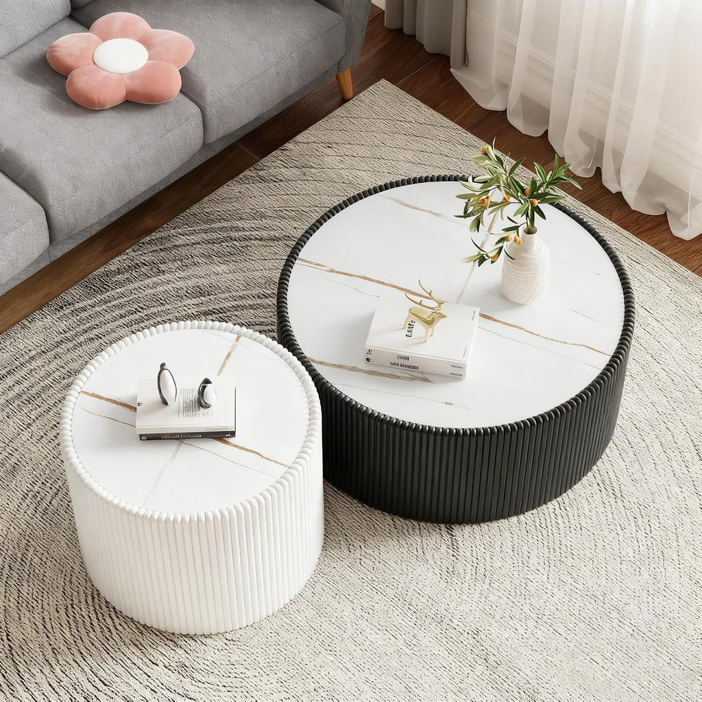 Round Coffee Table Set, 29.52' Black Drum Center Table and 17.71' White Coffee Table Set, 2 Pieces Living Room Table Set with Sintered Stone Tabletop, Fluted PU Leather Covered and Stable Base