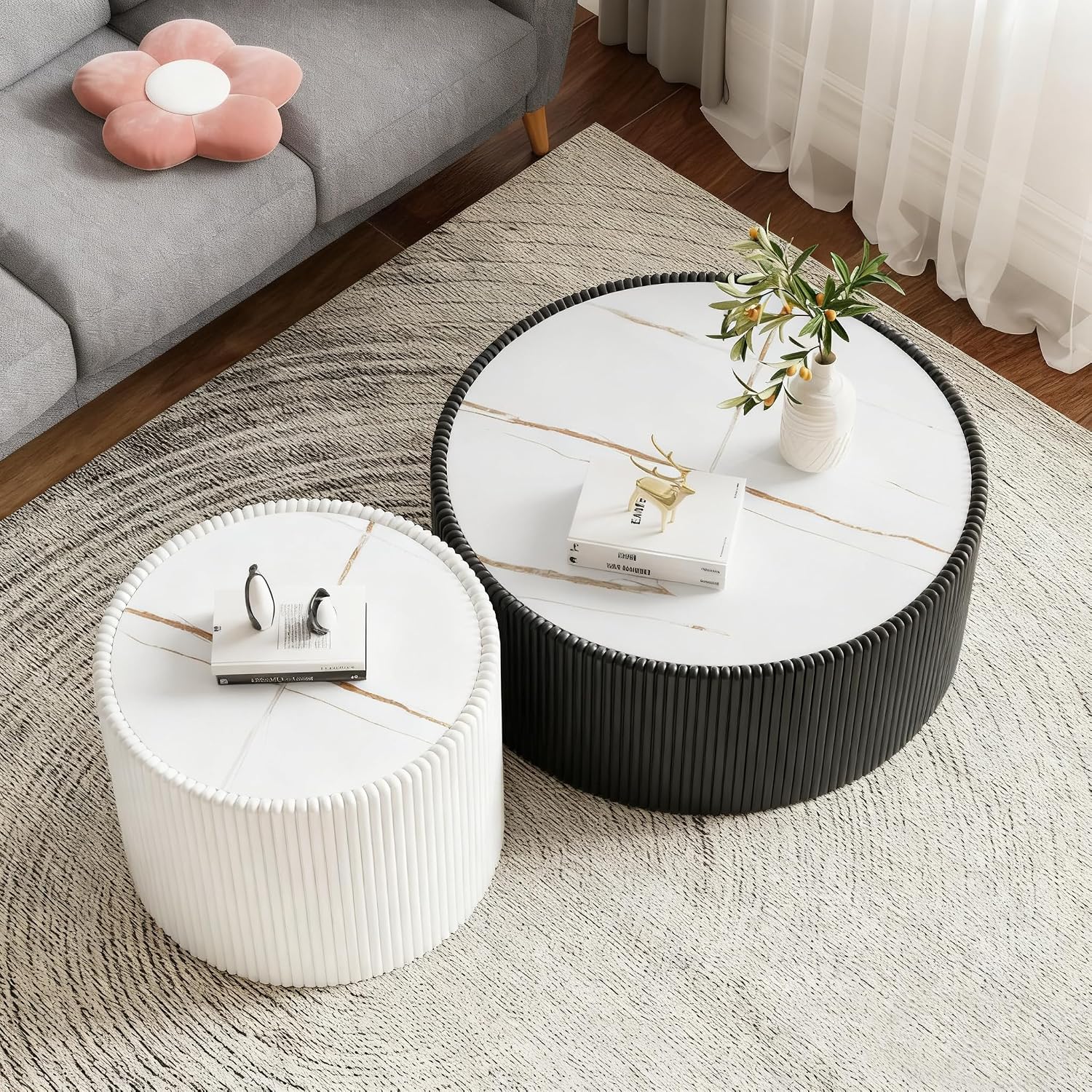 Round Coffee Table Set, 29.52' Black Drum Center Table and 17.71' White Coffee Table Set, 2 Pieces Living Room Table Set with Sintered Stone Tabletop, Fluted PU Leather Covered and Stable Base