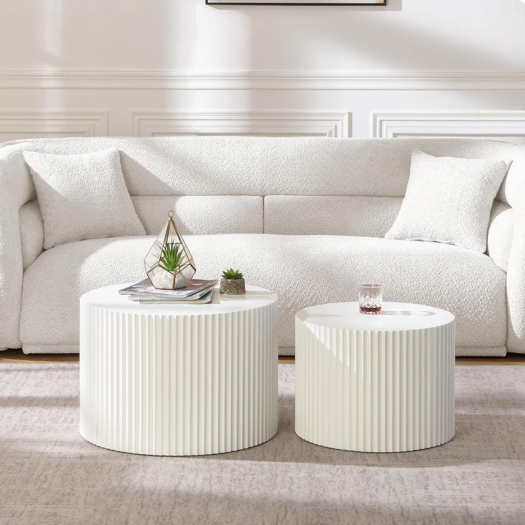 Round Nesting Coffee Table Set of 2 for Living Room, Modern End Table MDF Finish Side Table Circular Coffee Table 2 Pieces for Small Space No Assembly Request - White