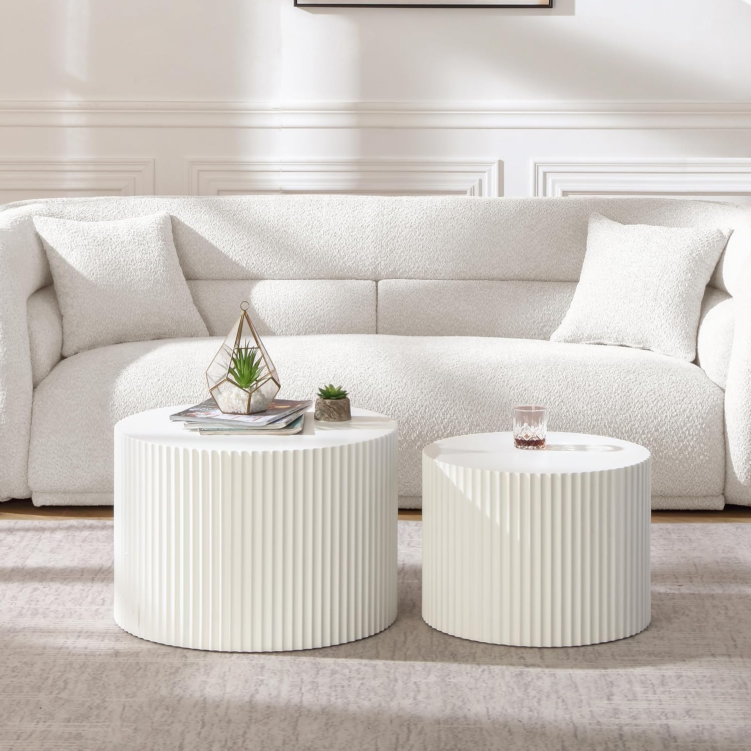 Round Nesting Coffee Table Set of 2 for Living Room, Modern End Table MDF Finish Side Table Circular Coffee Table 2 Pieces for Small Space No Assembly Request - White