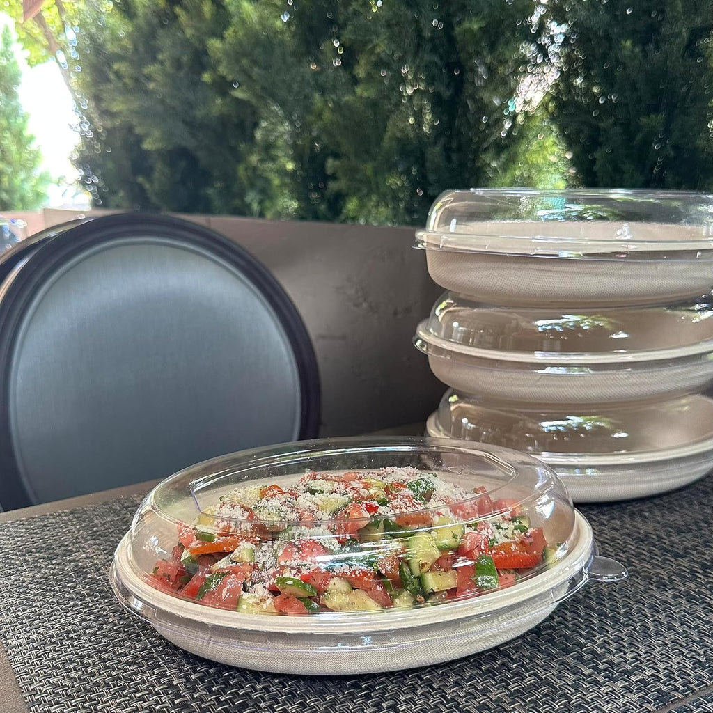32 oz Disposable Compostable Fiber Oval Burrito Bowls with Dome Lids Heavy-Duty, Eco-Friendly Natural Bagasse Unbleached, Heat Resistant, Biodegradable Paper Salad Bowls Alternative to Plastic (400)