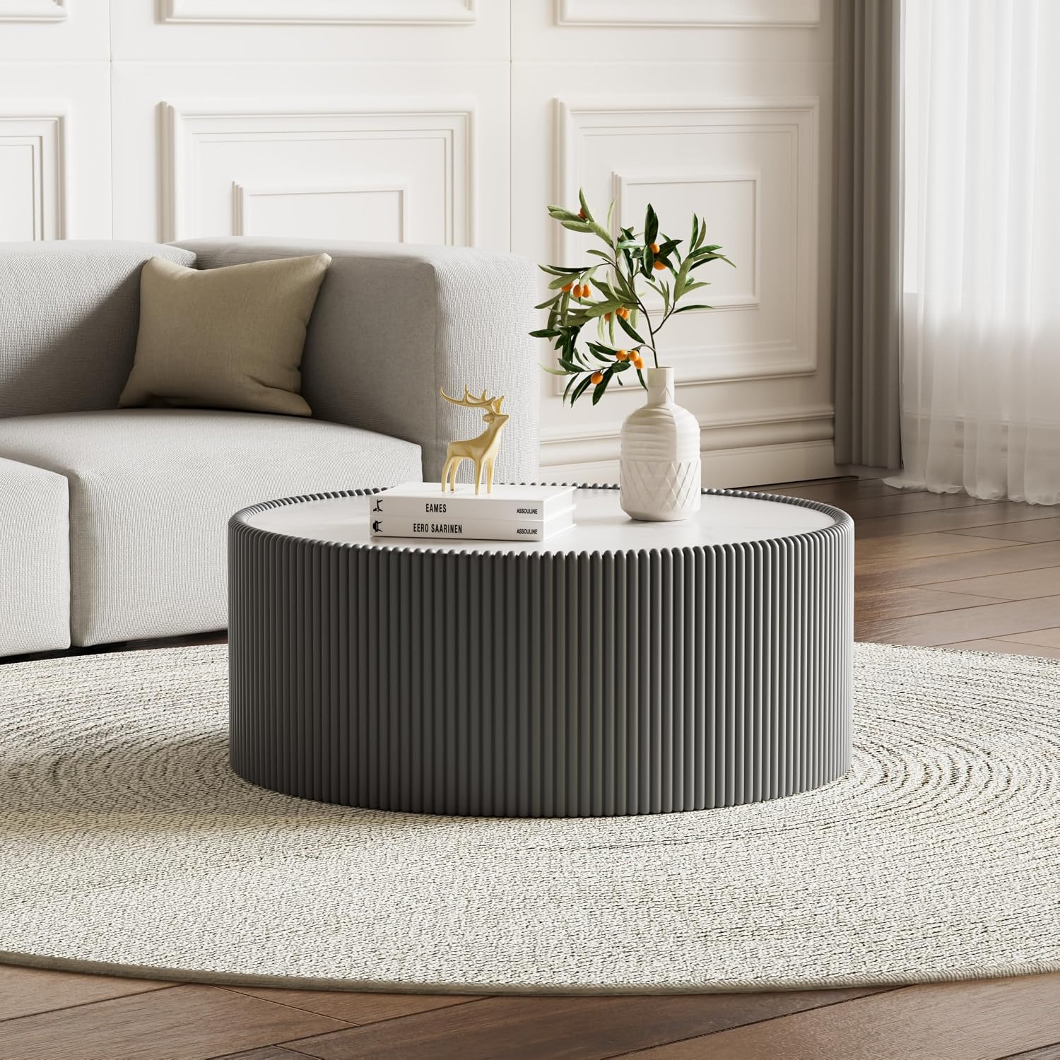 Round Coffee Table Set, 29.52' Grey Drum Center Table and 17.71' Grey Coffee Table Set, 2 Pieces Living Room Table Set with Sintered Stone Tabletop,Fluted PU Leather Covered and Stable Base