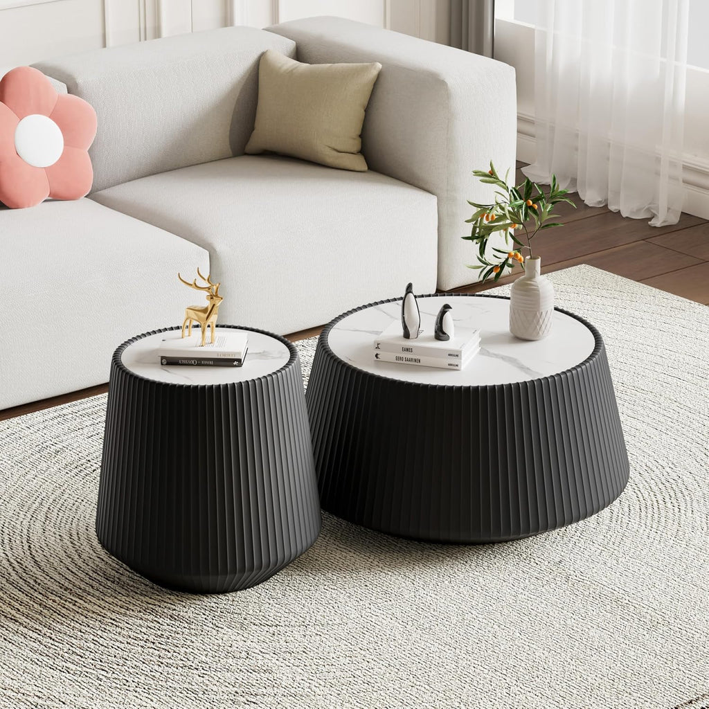 19.68' Black Round Coffee Table, Drum Coffee Table with Sintered Stone Tabletop and Fluted PU Leather Covered and Stable Base, Circle Cocktail Tea Table for Living Room