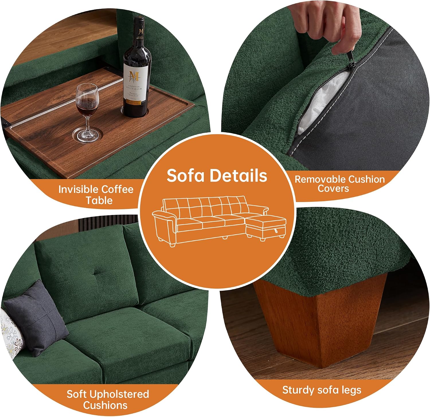 4-Seat Sectional Couches for Living Room, Bedroom, Office, L Shape Convertible Sectional Sofa Couch with Ottoman and Cup Holders, Green