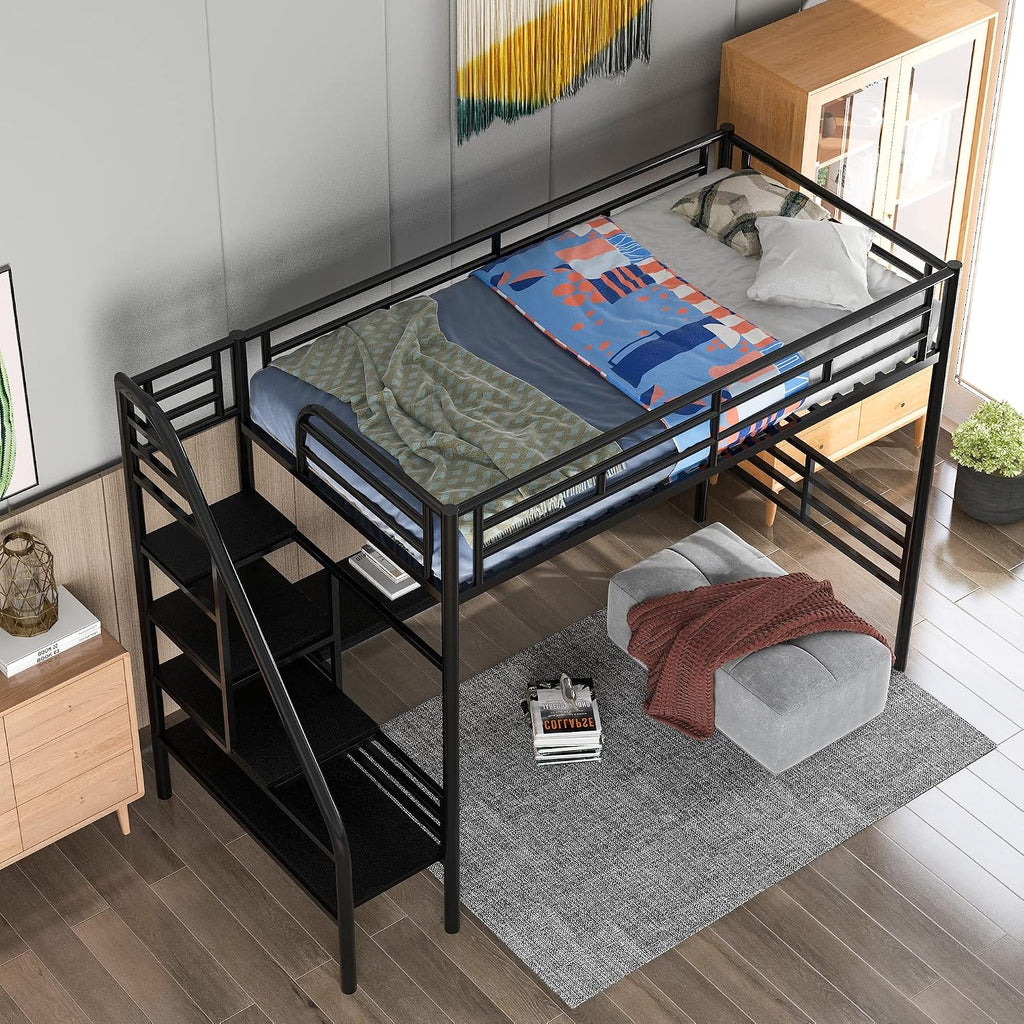 Twin Size Metal Loft Bed Frame with Desk,Bed Designed W/Full-Length Metal Desk Surface,No Box Spring Needed,for Bedroom,Black