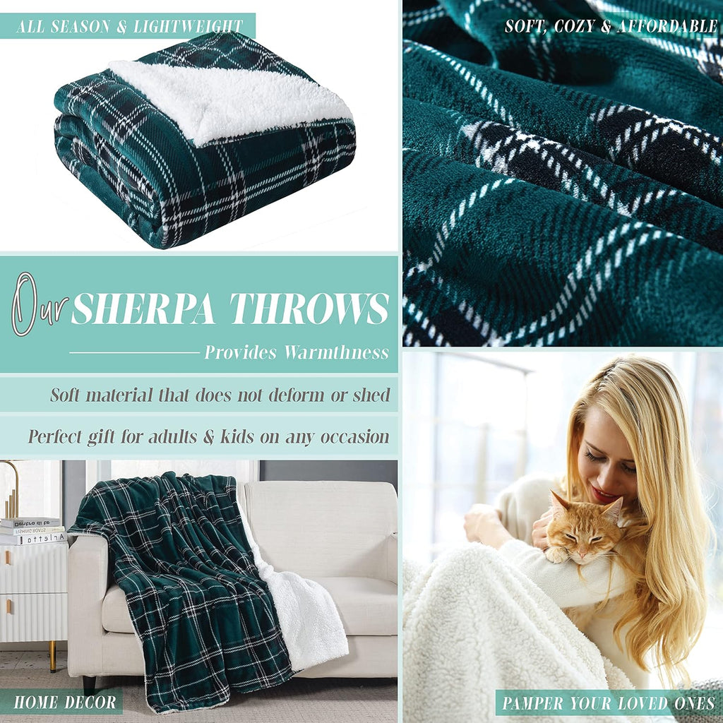 Elegant Comfort Throw Blanket, Reversible Sherpa Flannel, Ultra-Soft, Fuzzy, Cozy and Plush- All Season Lightweight Decorative Throw, 50 x 60 inches, Plaid Design Sherpa Throw, Green (Pack of 5)