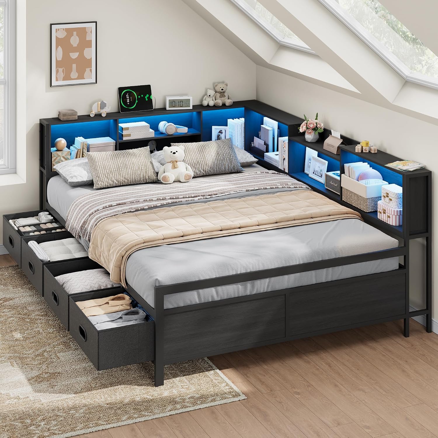 Full Size Corner Bed Frame with LED Lights, Charging Station & 8-Bookcase Headboard, Metal Platform Corner Bed with 4 Storage Drawers, Full Daybed for Kids Teens Guests, Black