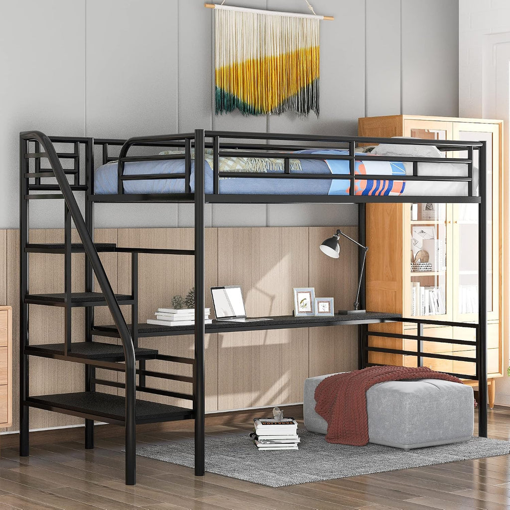 Twin Size Metal Loft Bed Frame with Desk,Bed Designed W/Full-Length Metal Desk Surface,No Box Spring Needed,for Bedroom,Black