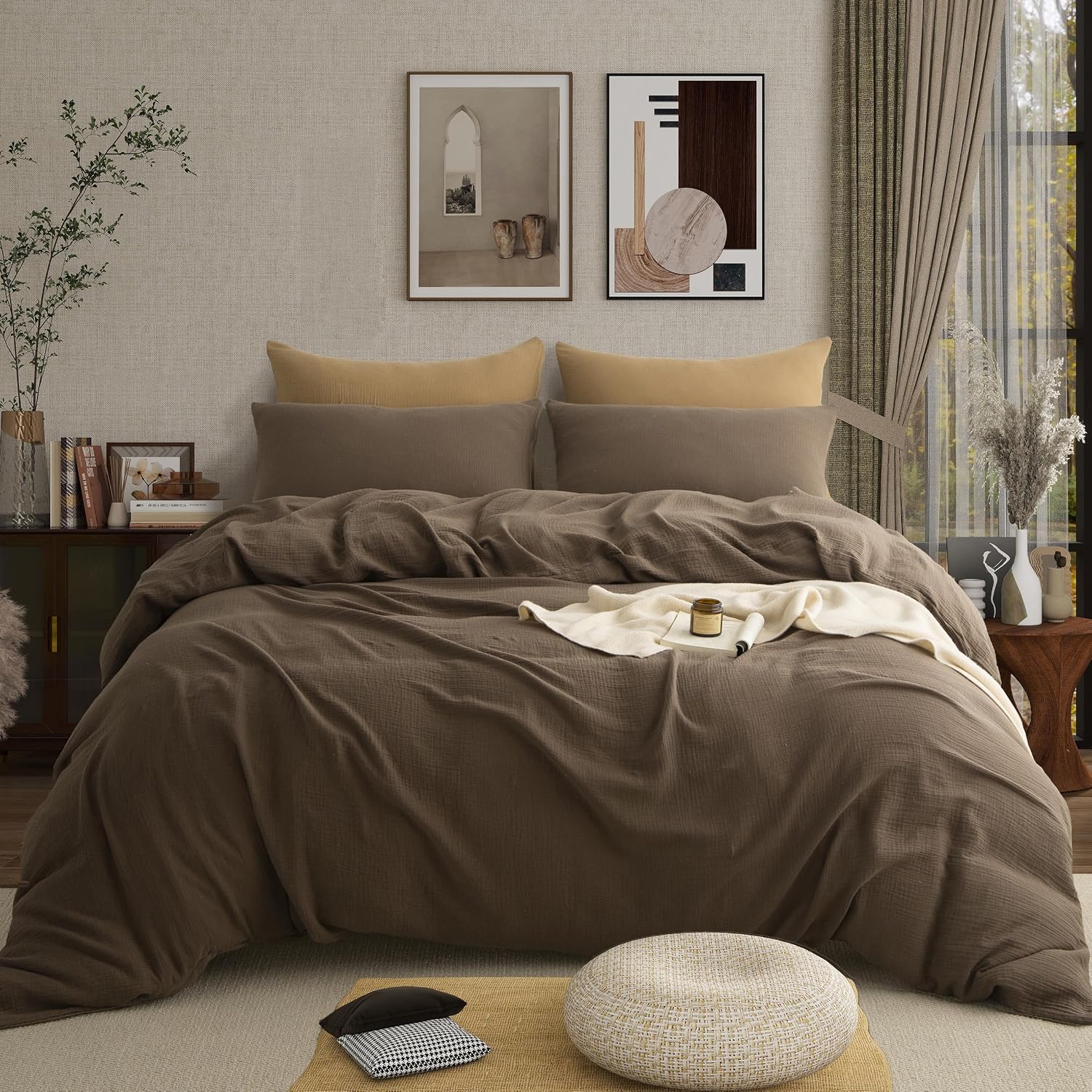 Muslin Duvet Cover 100% Washed Cotton, Oversized King Size Duvet Cover Set Linen Like, Minimalist Soft Comforter Cover, Lightweight Gauze Duvet Cover with 2 Pillowcases, 98'x120', Dark Brown