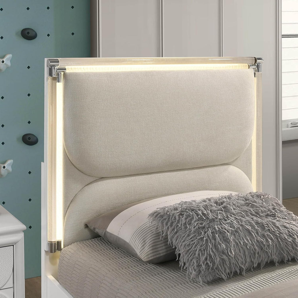 Furniture of America Leila Modern Wood 6-Piece Kids Bedroom Set with LED on Headboard and Mirror, Embossed Panels, Hidden Jewelry Tray, Felt-Lined, No Box Spring Needed, Twin, Pearl White