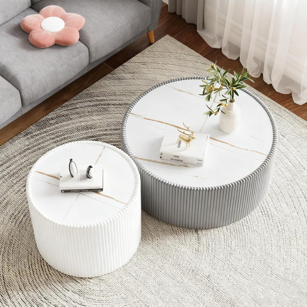 Round Coffee Table Set, 29.52' Grey Drum Center Table and 17.71' White Coffee Table Set, 2 Pieces Living Room Table Set with Sintered Stone Tabletop,Fluted PU Leather Covered and Stable Base