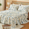 Bedlifes 100% French Linen Sheets Queen Size – Floral Printed, Botanical Pattern Breathable Cooling Sheet Set, 16' Deep Pocket, 4-Piece (Queen, Floral Blue)