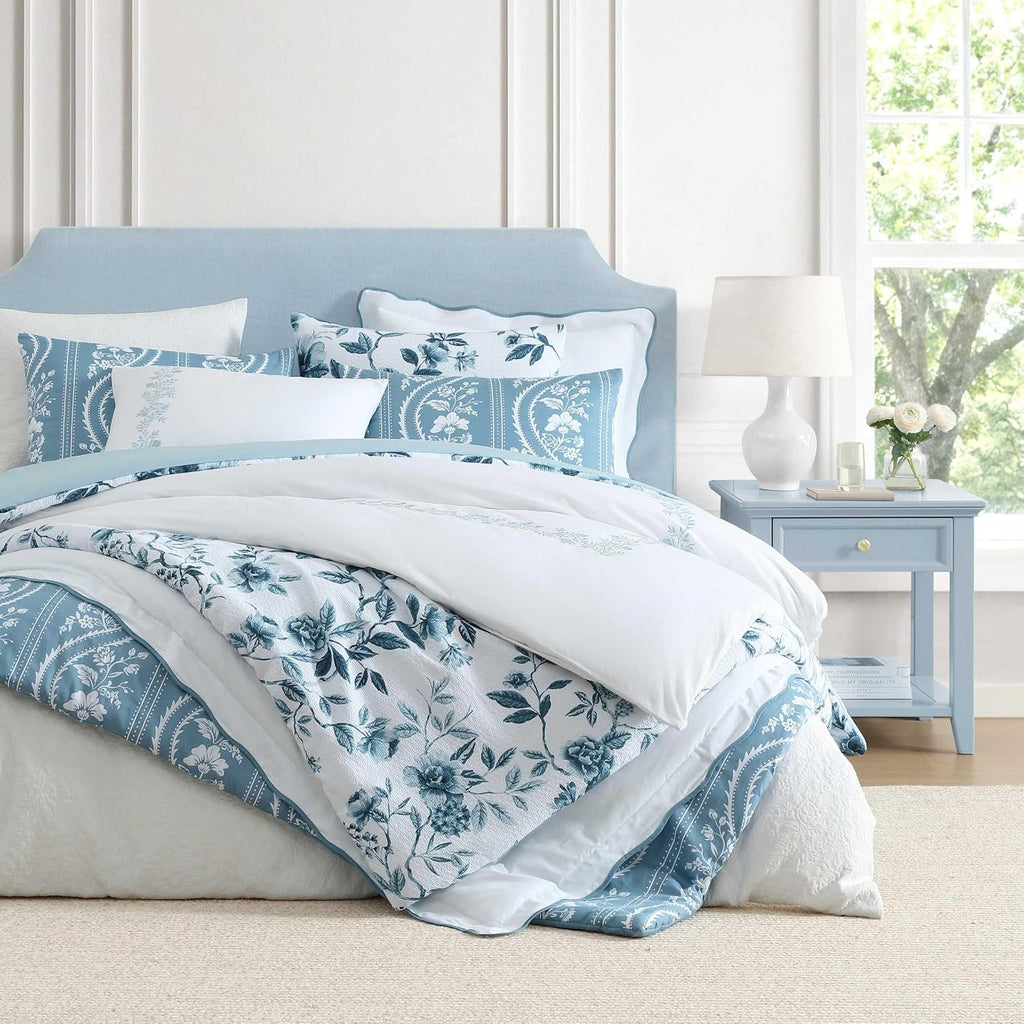 Martha Stewart - Queen Duvet Cover Set, 100% Soft Cotton Bed Set with a Smooth Cotton Percale Reverse, 3 Piece Floral Bedding with Matching Pillowcases (Garden Path Embroidery Blue)