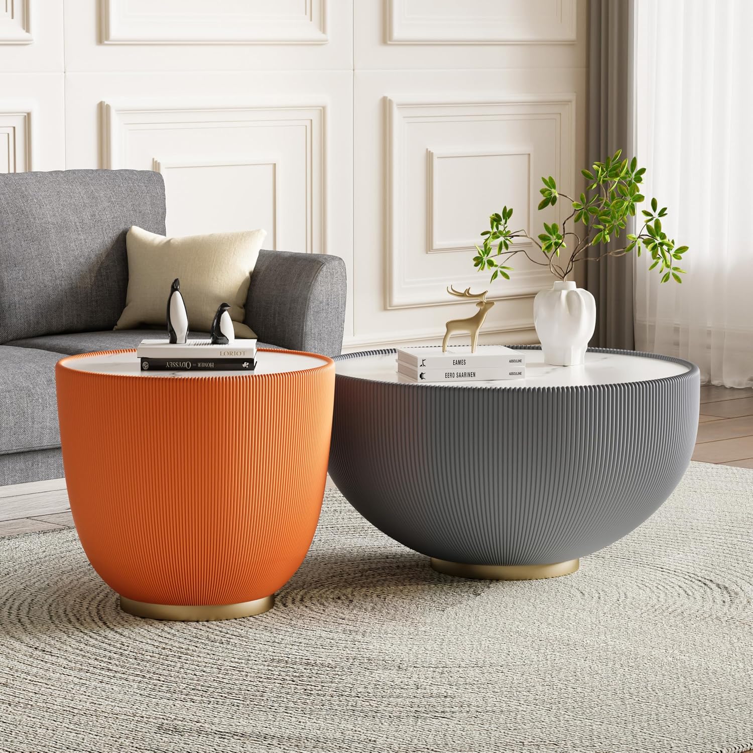 Round Living Room Table Set, 27.56' Grey Drum Center Table and 19.69' Orange Coffee Table Set, 2 Pieces Coffee Table Set with Sintered Stone Tabletop, Fluted PU Leather Covered and Metal Base