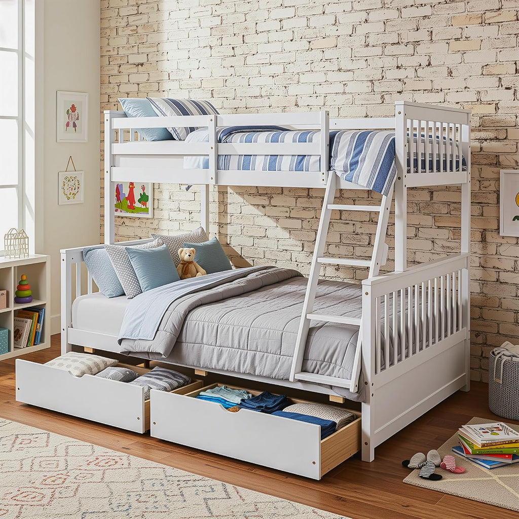 Merax Wood Bunk Bed with Drawers,Convertible Wood Bunk Bed with Ladders and Two Storage Drawers,Solid Wood Detachable Bed Frame with Ladders,Twin Over Full Size,White