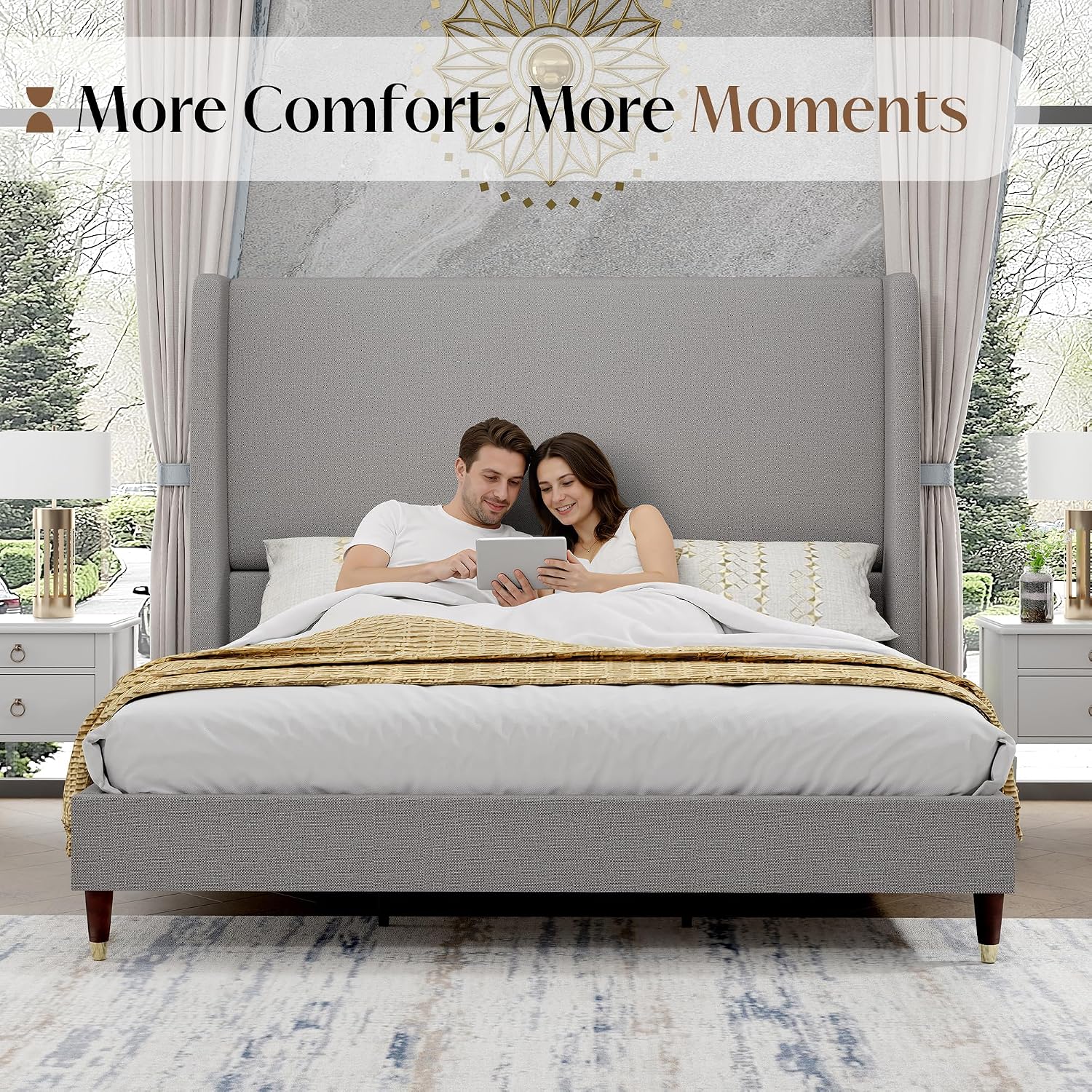 PaPaJet King Bed Frame with 51.2' Tall Wingback Headboard,Line Upholstered Platform Bed,Solid Wood Legs,No Box Spring Needed,Noise-Free&Easy Assembly,for Master Bedroom & Luxury Home,Light Grey