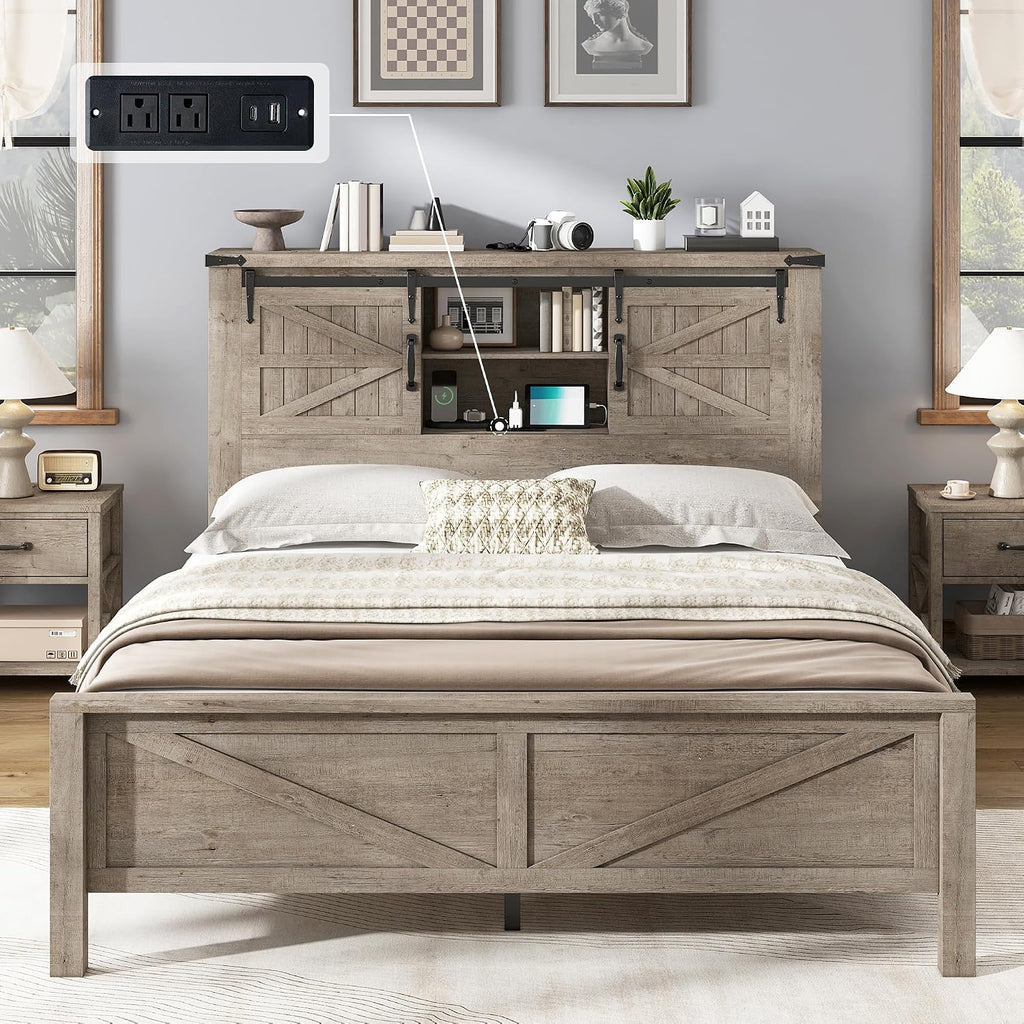 AMERLIFE Farmhouse Queen Bed Frame with Storage Headboard & Charging Station, Rustic Wood Platform Bed with Barn Door Bookcase, No Box Spring Needed, Light Grey Bedroom Furniture