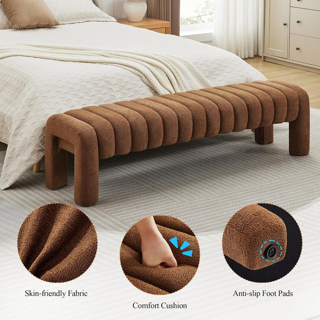 63'' Bedroom Bench, Upholstered End of Bed Bench with Solid Wood Legs, Modern Cushioned Dining Bench with Full Covered Fabrics for Entryway, Bedroom, Living Room (Rust Brown, Boucle)