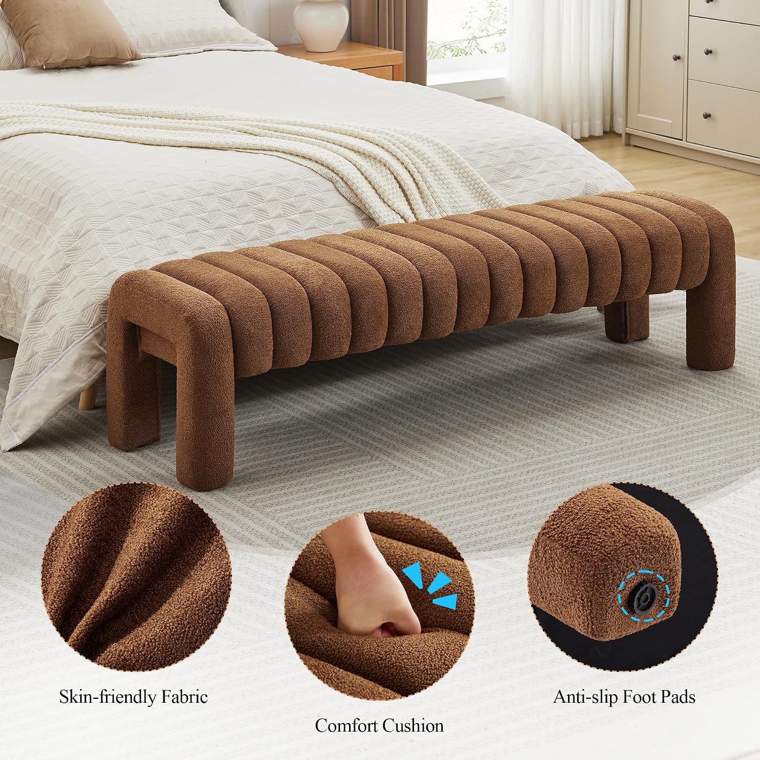 63'' Bedroom Bench, Upholstered End of Bed Bench with Solid Wood Legs, Modern Cushioned Dining Bench with Full Covered Fabrics for Entryway, Bedroom, Living Room (Rust Brown, Boucle)