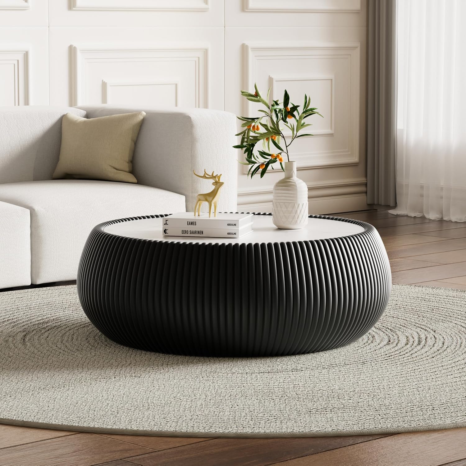 Black Round Coffee Table, 27.55' Drum Coffee Table with Sintered Stone Tabletop and Fluted PU Leather Covered and Stable Base, Circle Cocktail Tea Table for Living Room