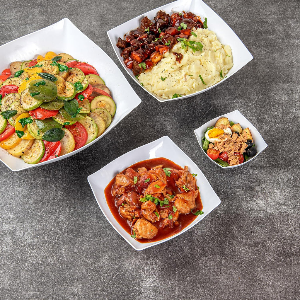 Restaurantware Moderna 32 Ounce Fancy Plastic Bowls 100 Square Disposable Salad Bowls - Durable Heavy-duty White Plastic Bowls For Warm And Cold Foods