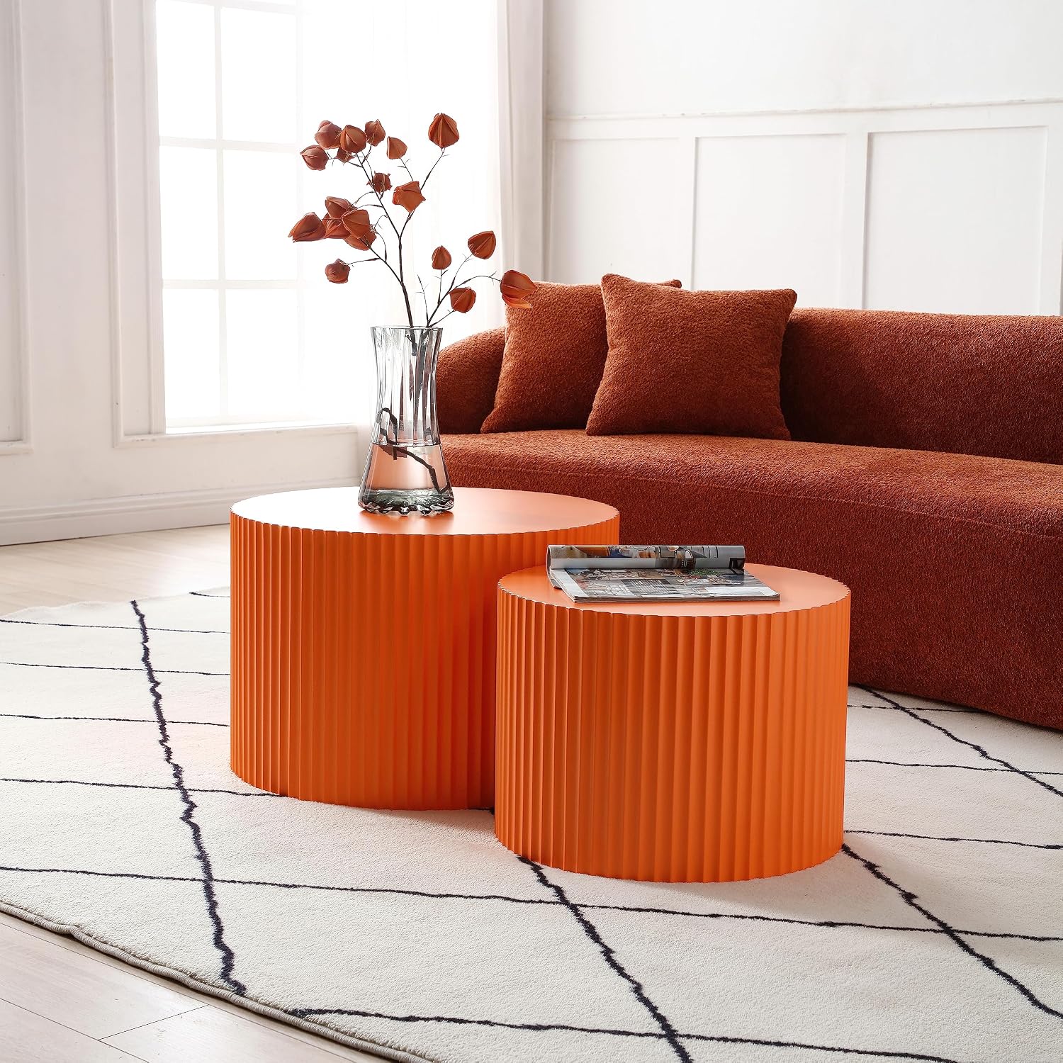 Modern Nesting Coffee Table, Round Wood End Table Set of 2 for Small Space, Living Room - Orange