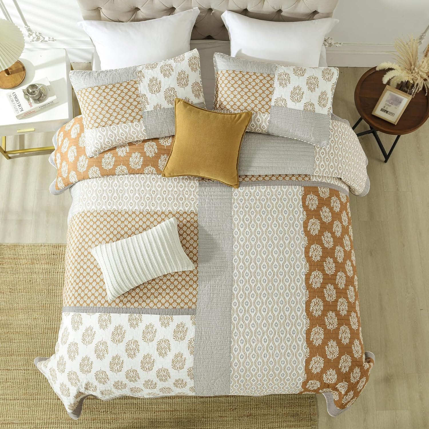 Finlonte King Size Quilt, 100% Cotton Comforter King Size, Brown Grey Farmhouse Quilted Bedspread, Patchwork Lightweight Reversible Quilt Bedding Set for King Bed, 3-Pieces