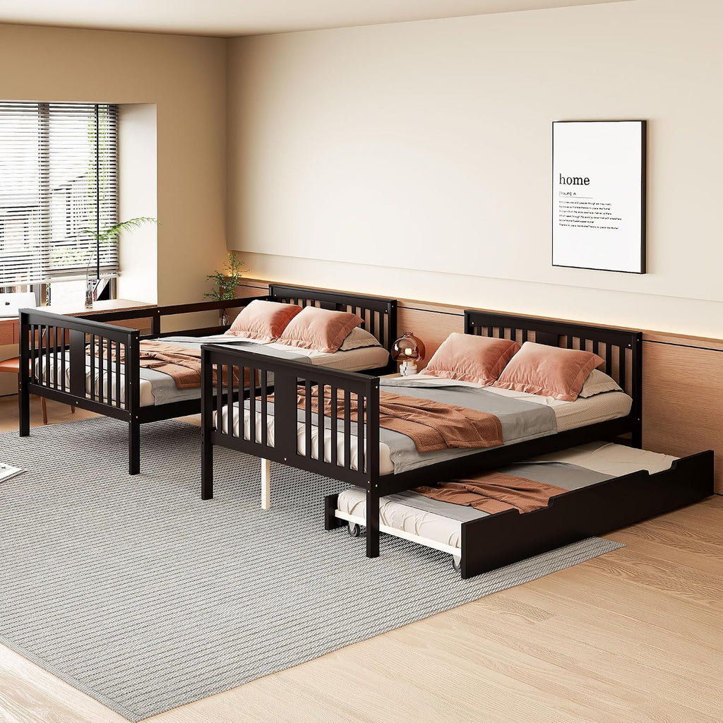 Harper & Bright Designs Full Over Full Bunk Bed with Trundle, Solid Wood Bunk Bed Frame with Ladders, Bedroom Furniture, Espresso