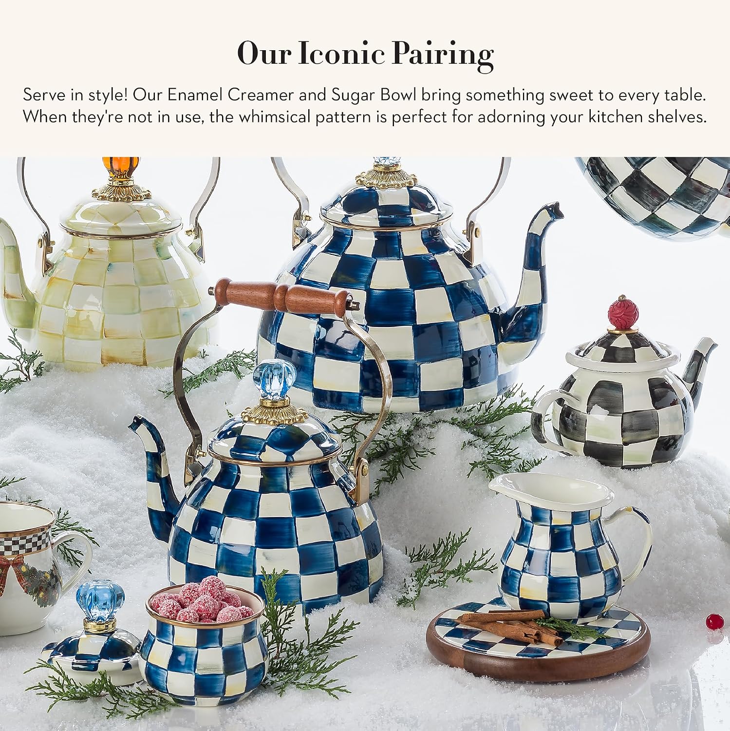 MACKENZIE-CHILDS Enamel Creamer and Sugar-Bowl Set, Cream Dispenser and Sugar Holder, Unique Kitchen Decor, Blue-and-White Royal Check