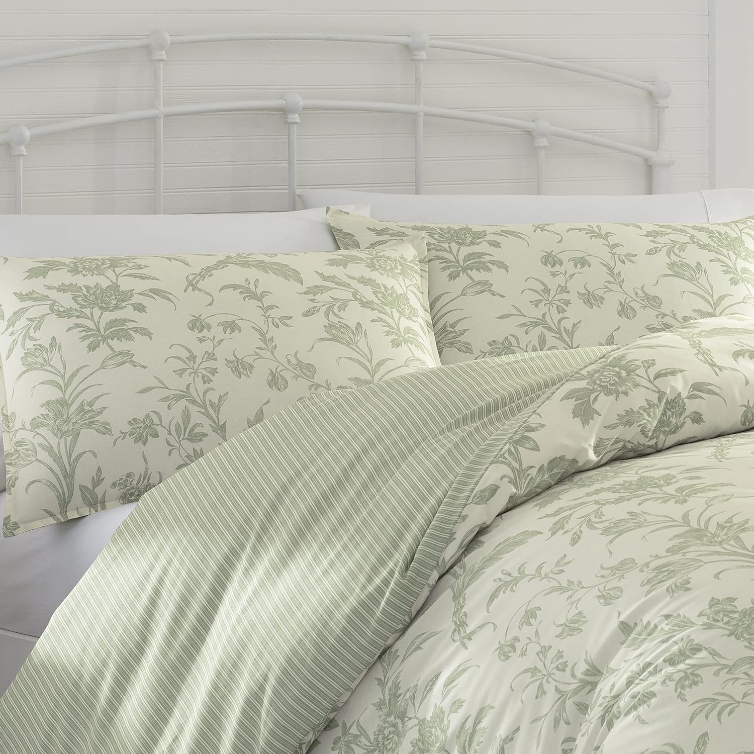 Laura Ashley Home - King Duvet Cover Set, Reversible Cotton Bedding, Includes Matching Shams with Bonus Euro Shams & Throw Pillows (Natalie Green, King)