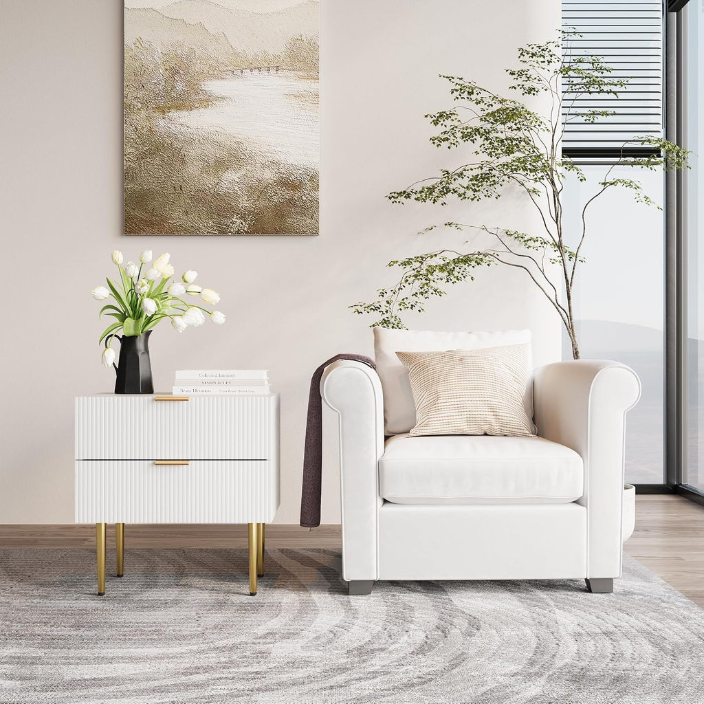 Semiocthome White Nightstand Set of 2, Mid Century Modern Night Stand with 2 Wave Fluted Panel Drawers, Bedside Table with Gold Metal Legs, Wide Tabletop Bed Side Table, End Tables for Living Room