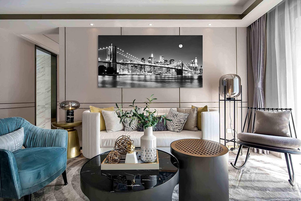 Baisuart-Q30375 Brooklyn Bridge Night View 1 Panels Landscape Artwork Canvas Prints Moon Night New York City Scene Picture Paintings Black and white Wall Art for Oiffce Home Decorations Wall Decor