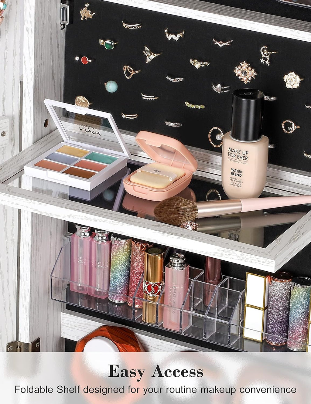 Nicetree 360° Swivel Jewelry Cabinet with Lights, Touch Screen Vanity Mirror, Rotatable Full Length Mirror with Jewelry Storage, Standing Jewelry Armoire Organizer, Foldable Makeup Shelf, Pure White