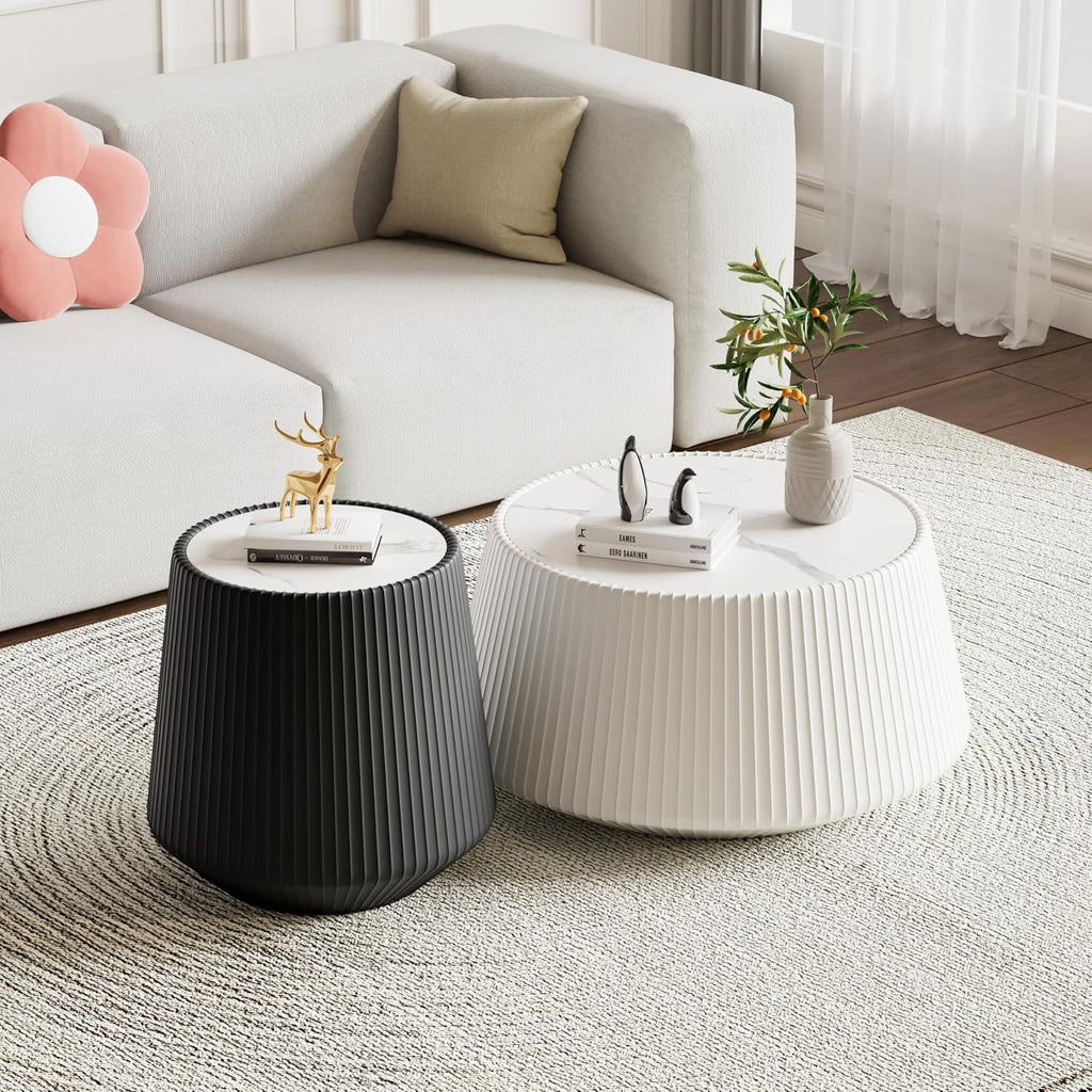 Round Living Room Table Set, 26.77' White Drum Center Table and 19.68' Black Coffee Table Set, 2 Pieces Coffee Table Set with Sintered Stone Tabletop, Fluted PU Leather Covered and Stable Base